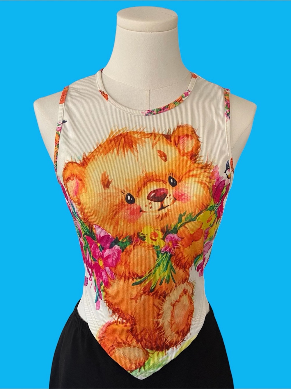 Ivory Tank Top with Teddy Bear Floral Graphic
